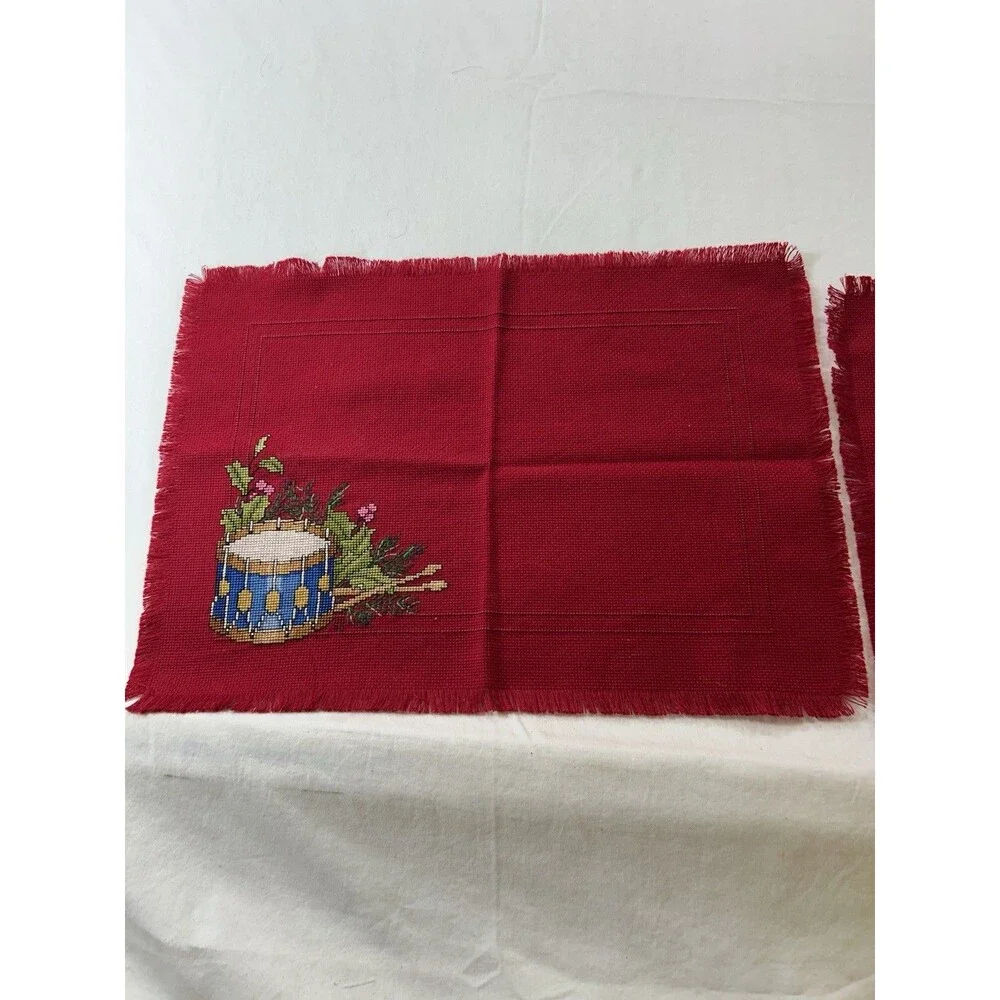 Vintage Handmade Cross Stitch Christmas Placemats Set 2 Red Linen Drum Violin